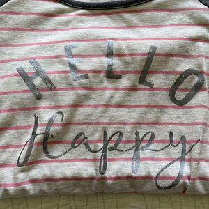 Maurices Womens Medium Pink Gray Striped Hello Happy T Shirt Knot Front Hem Soft
